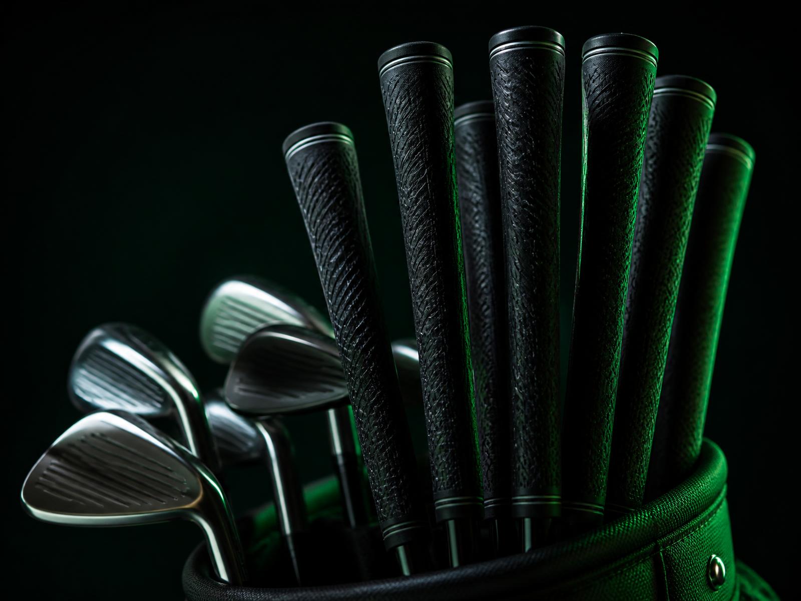 Close-up of freshly installed black golf club grips in a golf bag